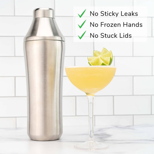 Buy one (1) cocktail shaker that will not leak, freeze shut or freeze your hands.