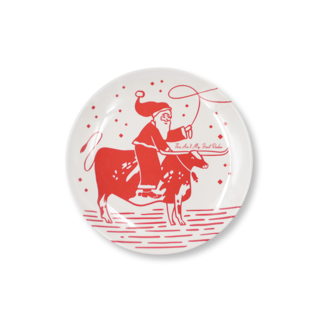 Buy one (1) medium melamine plate with Santa riding a Texas longhorn.