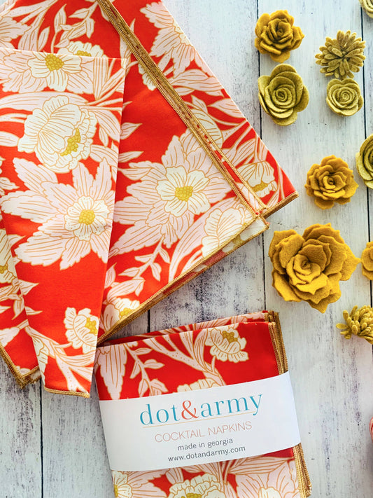 Floral reddish/orange and gold appetizer napkin set
