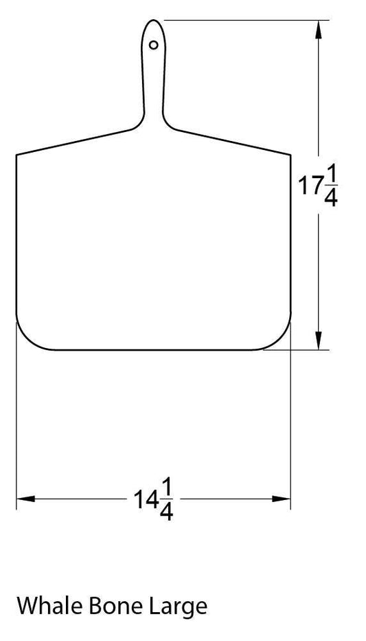 The large Whale Bone cutting board measures 17.25" from the top of the handle to the bottom of the board. It is 14.25 inches wide, giving a broad cutting and serving surface.