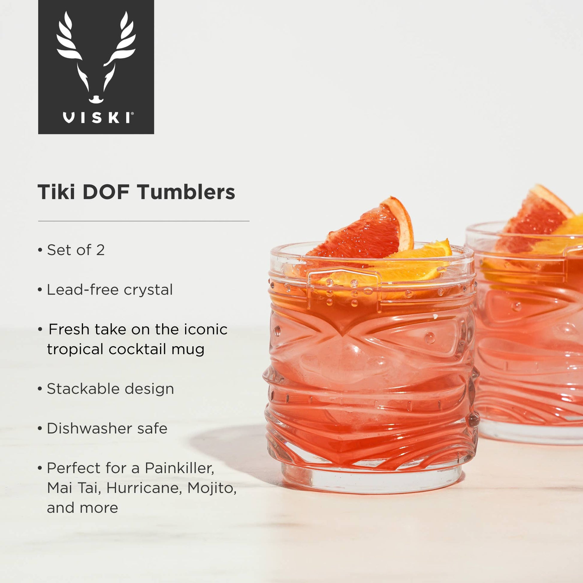 Buy one (1) set of two Double Old Fashioned (DOF) tumblers in Tiki style.