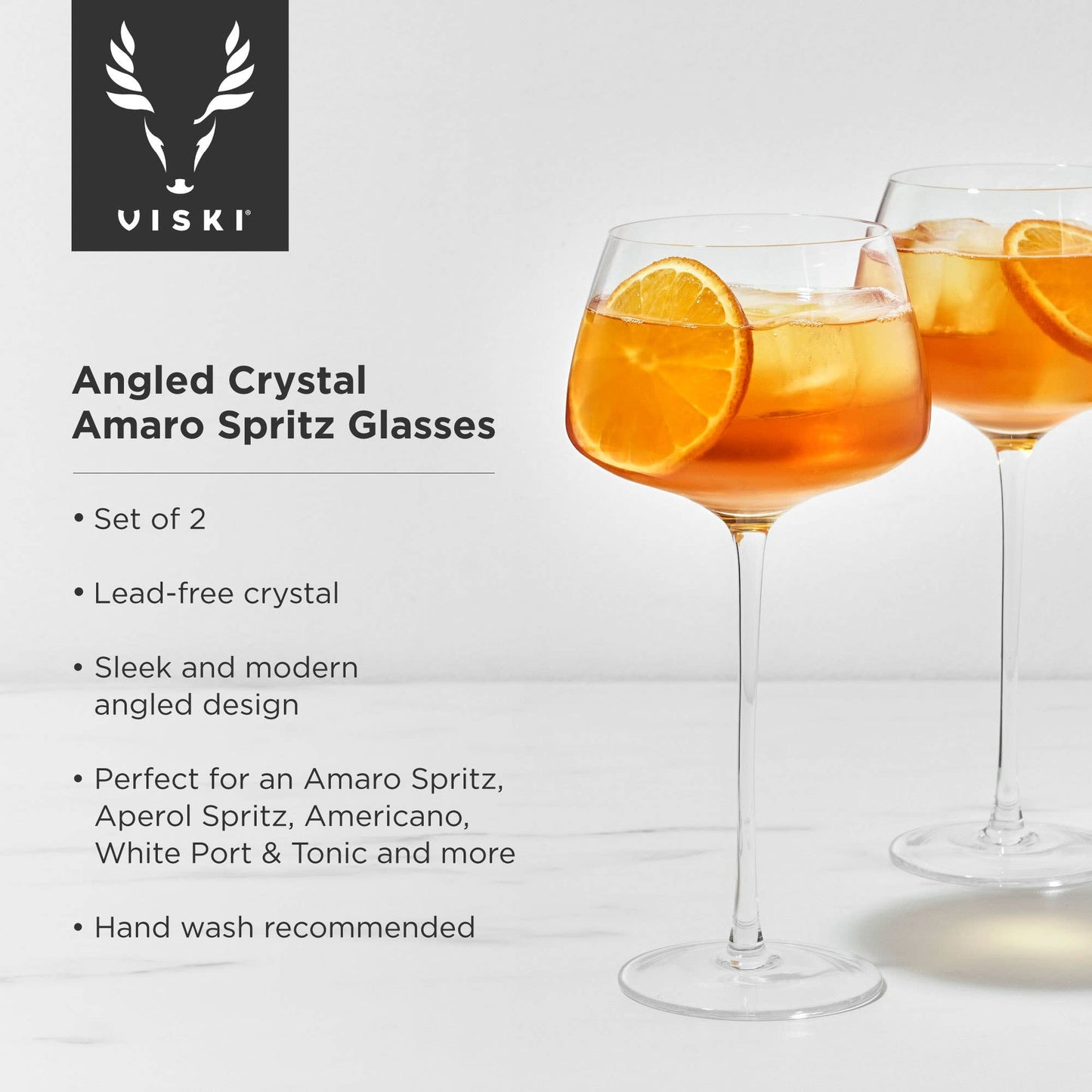 This set of two lead-free crystal stemmed cocktail glasses is perfect for Italian cocktails like an Aperol spritz.