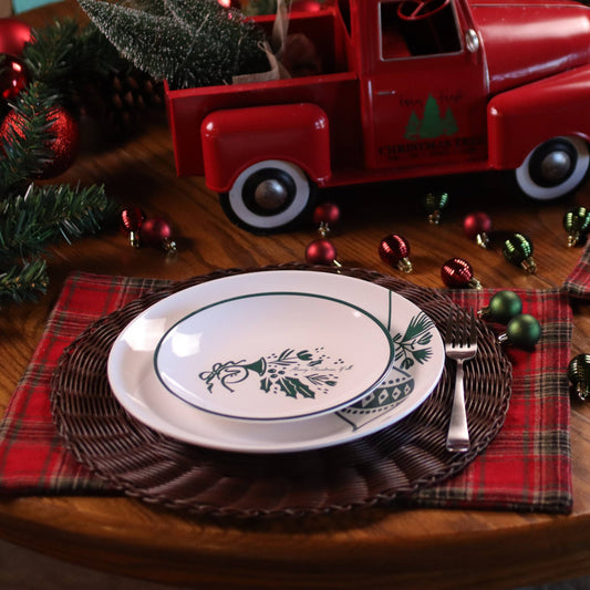 Buy this set of four dinner plates and four medium sized plates in a green and white Christmas design and the words, "Merry Christmas, Y'all."