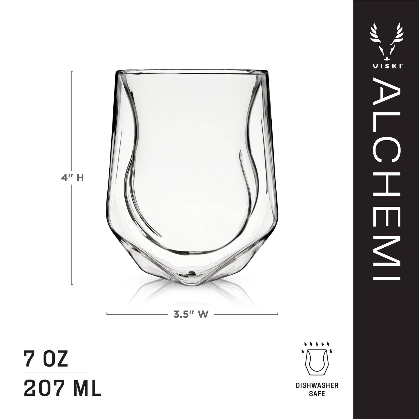 Alchemi aerating tumbler is dishwasher safe, holds 7 oz (207ml) and is 4" tall by 2.5" wide.