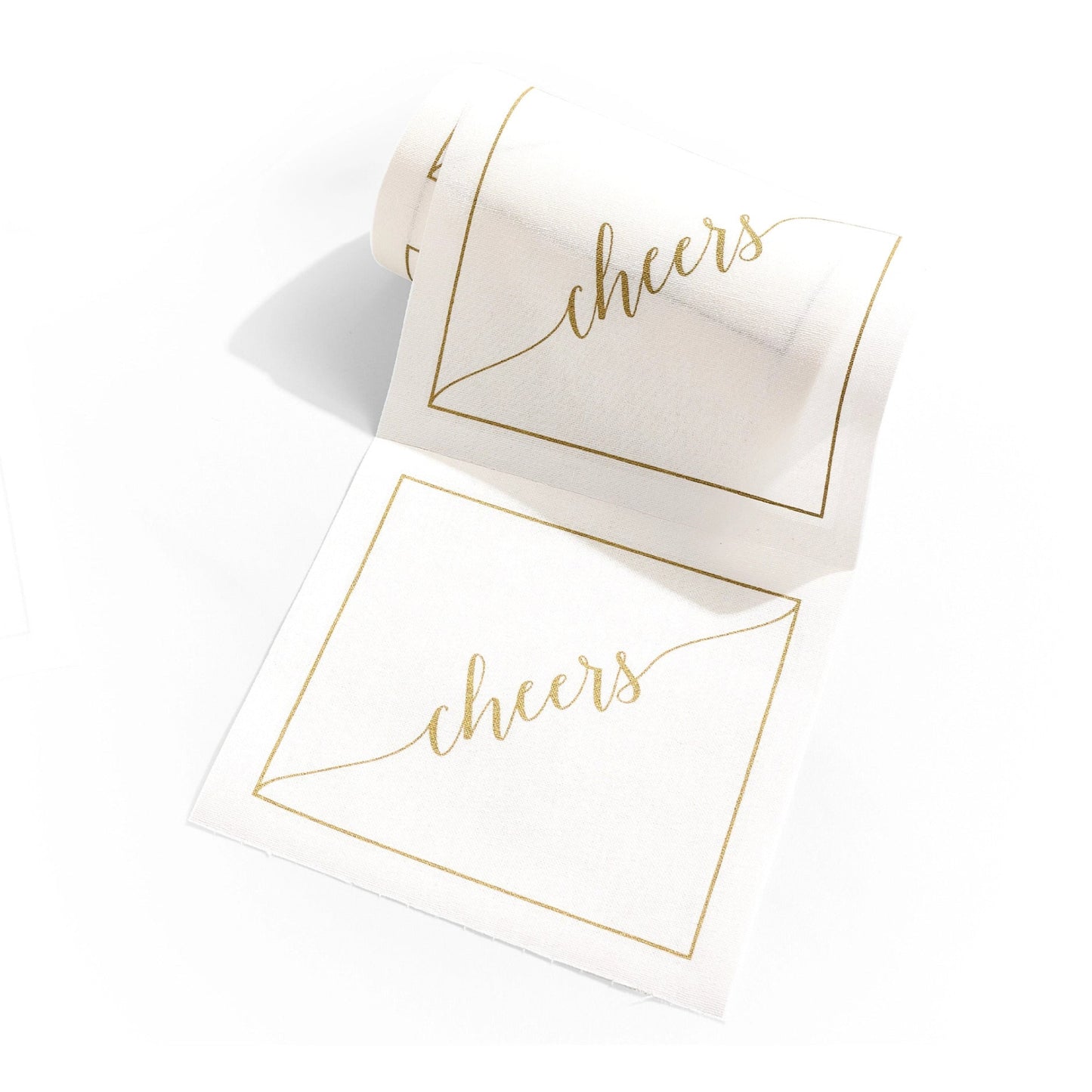Buy 1 (one) roll of 50 white cocktail napkins with the word "cheers" in gold lettering. It comes with a gold mini towel stand.