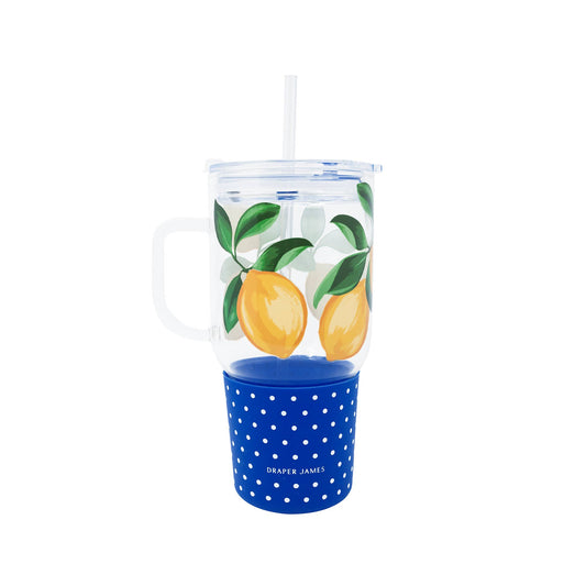 Buy 1 (one) Draper James glass tumbler with blue silicone base.