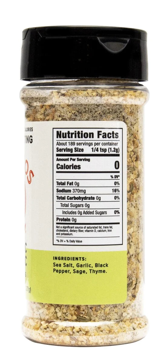 Ingredients: Sea salt, garlic, black pepper, sage, thyme.