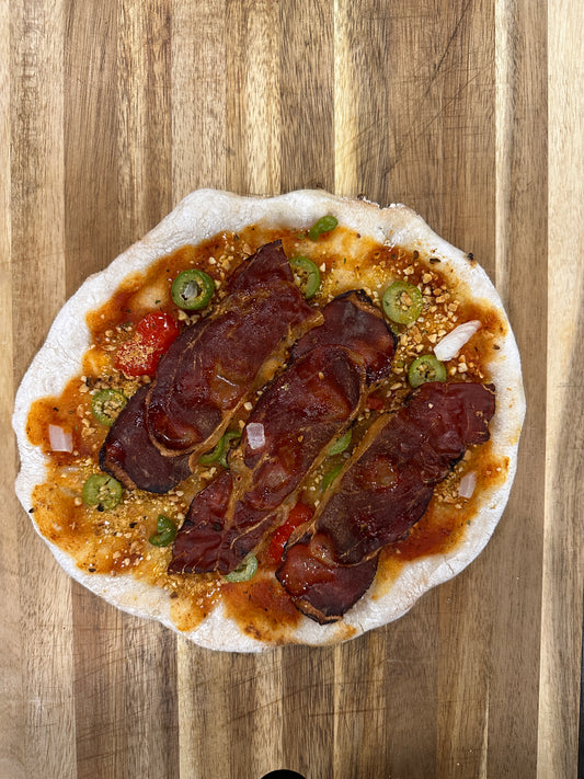 Hardon's Outdoor co-founder Danielle's recent gluten-free, dairy free pizza made at home in her Ooni Karu16 wood-fired oven.