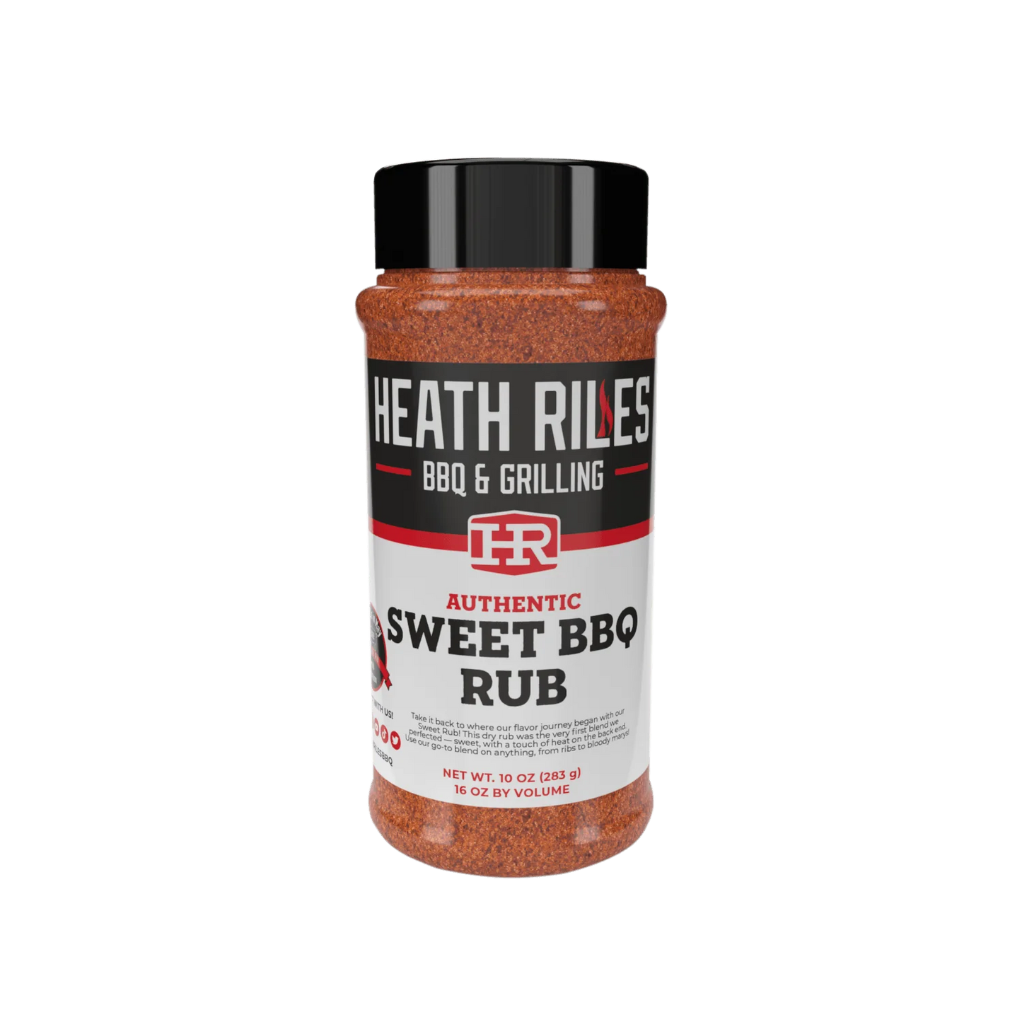 Heath Riles authentic Sweet BBQ rub is 10 oz net wt.