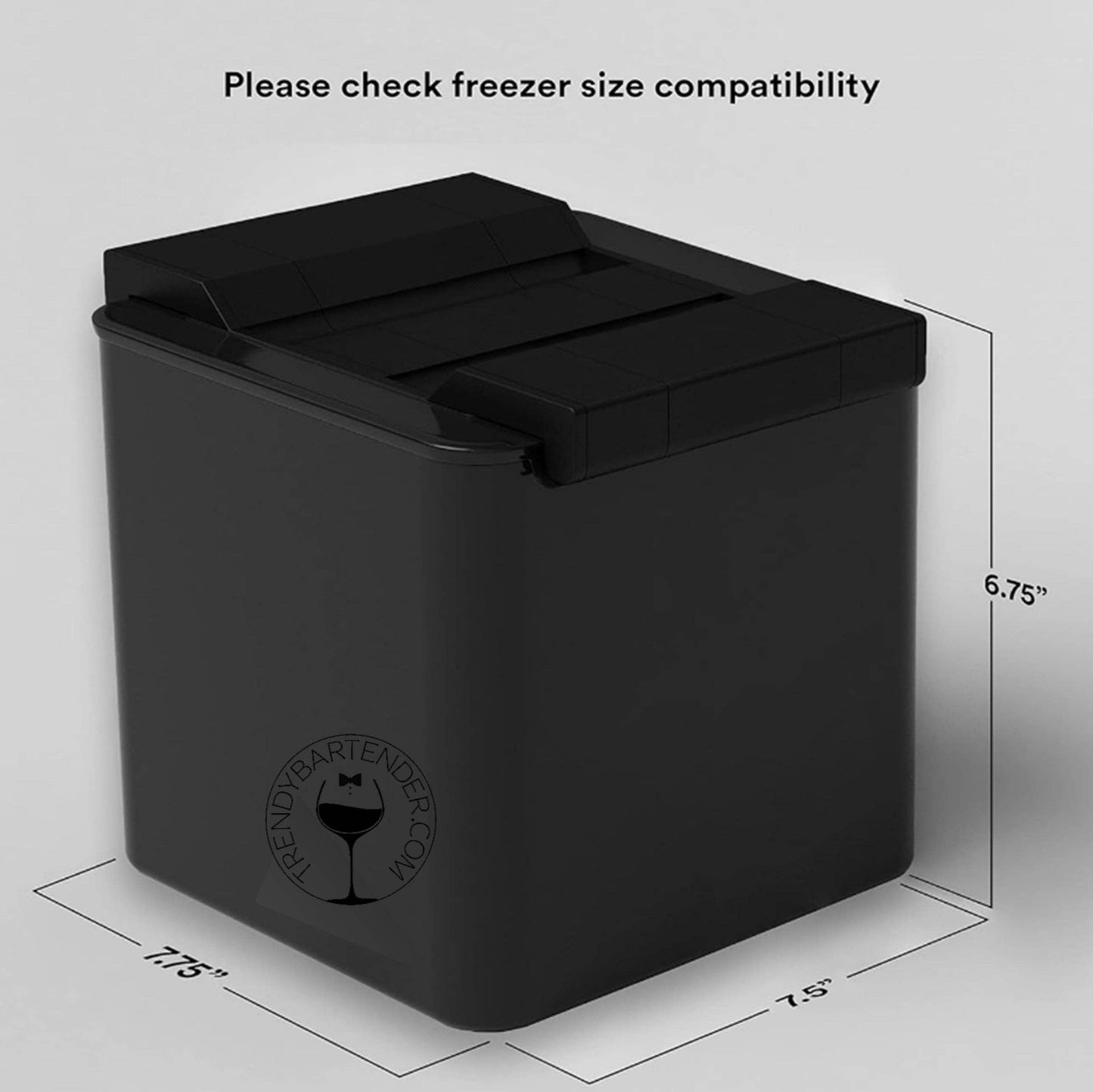 The ice mold measures 7.75" wide, 7.75" long, and 6.75" tall.