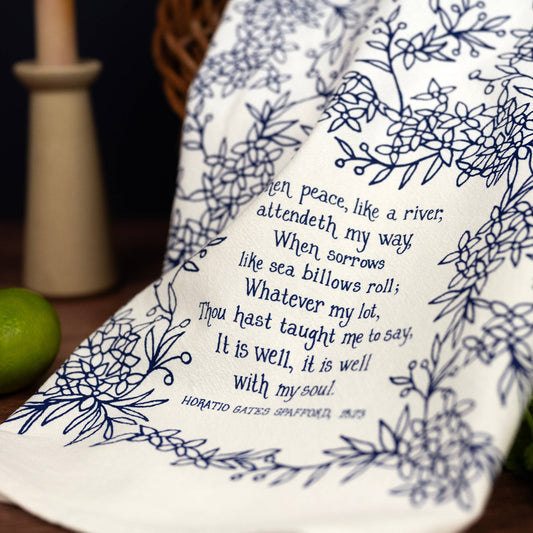 Enjoy lyrics from the popular hymn, 'It is Well With My Soul" printed on this tea towel.