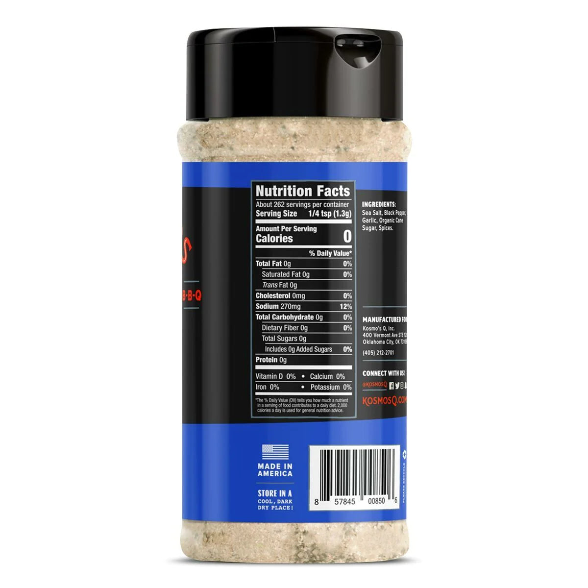 Ingredients: Sea Salt, Black Pepper, Garlic, Organic Cane Sugar, Spices. Zero calories. 12% daily value of sodium.