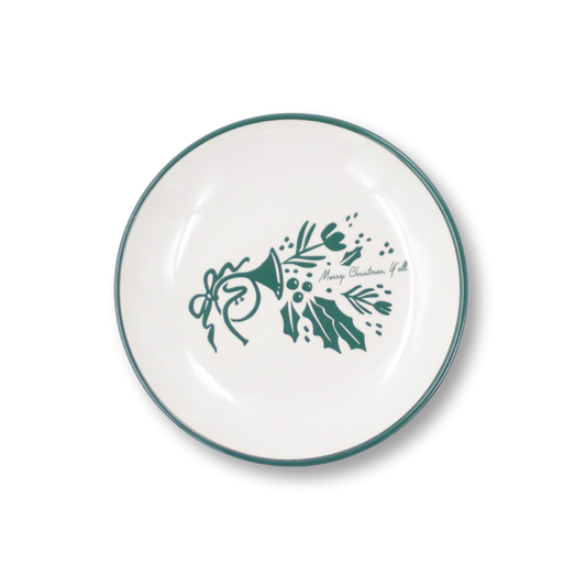 This set includes four medium-sized melamine plates with a french horn, holly and the words, "Merry Christmas, Y'all."