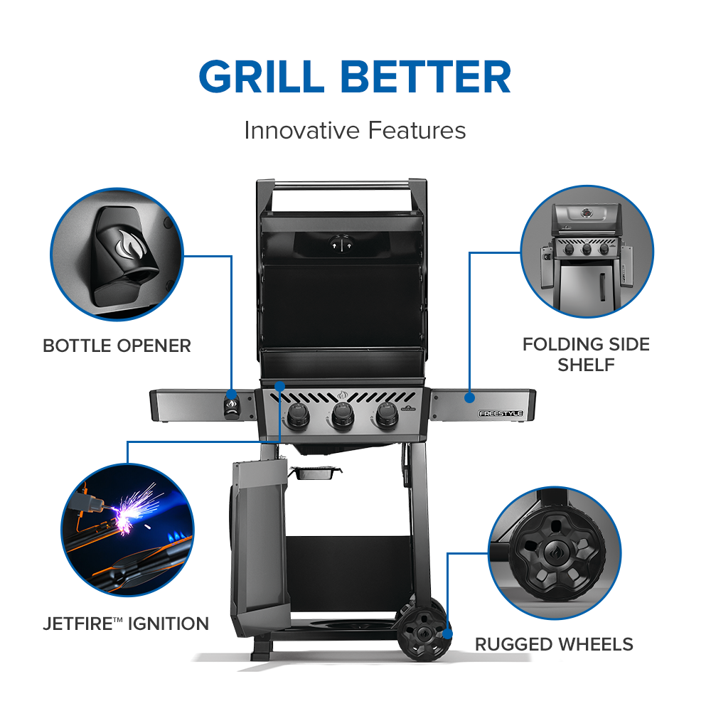 The Napoleon Freestyle 365 has folding side shelve, rugged wheels, jetfire ignition and a bottle opener.