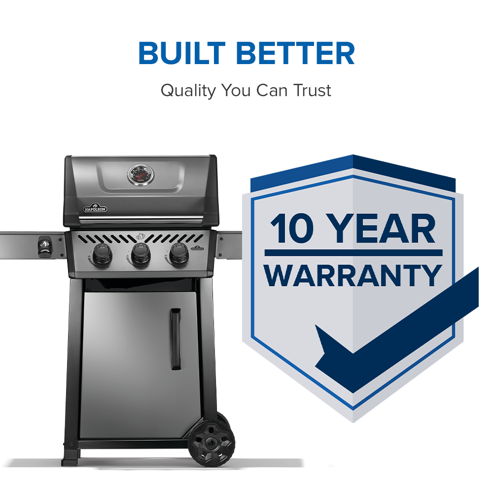 The Napoleon Freestyle 365 comes with a 10 year warranty.