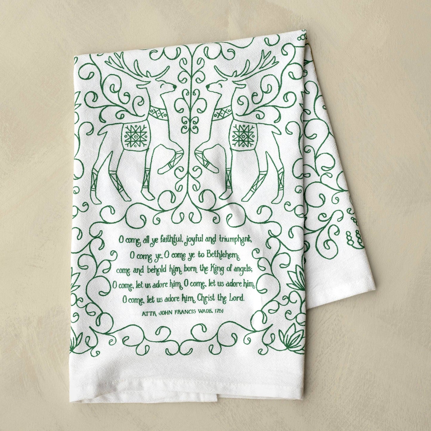 Buy one tea towel with lyrics from the hymn, 'O come all ye faithful."
