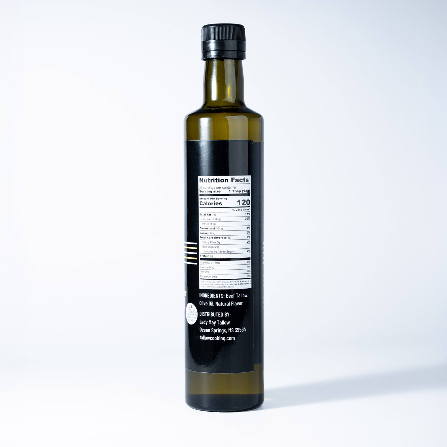 Each bottle contains 33 servings of rosemary garlic cooking oil. Ingredients are beef tallow, olive oil, and natural flavor.