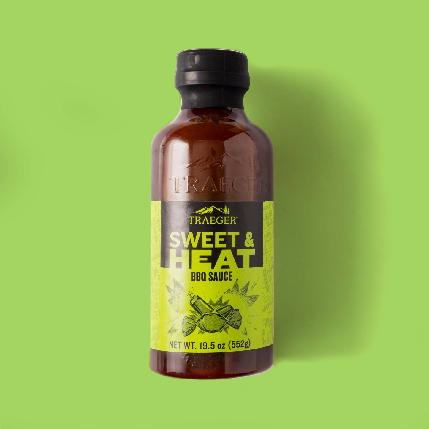 Traeger's Sweet & Heat BBQ sauce. Net wt 19.5 oz