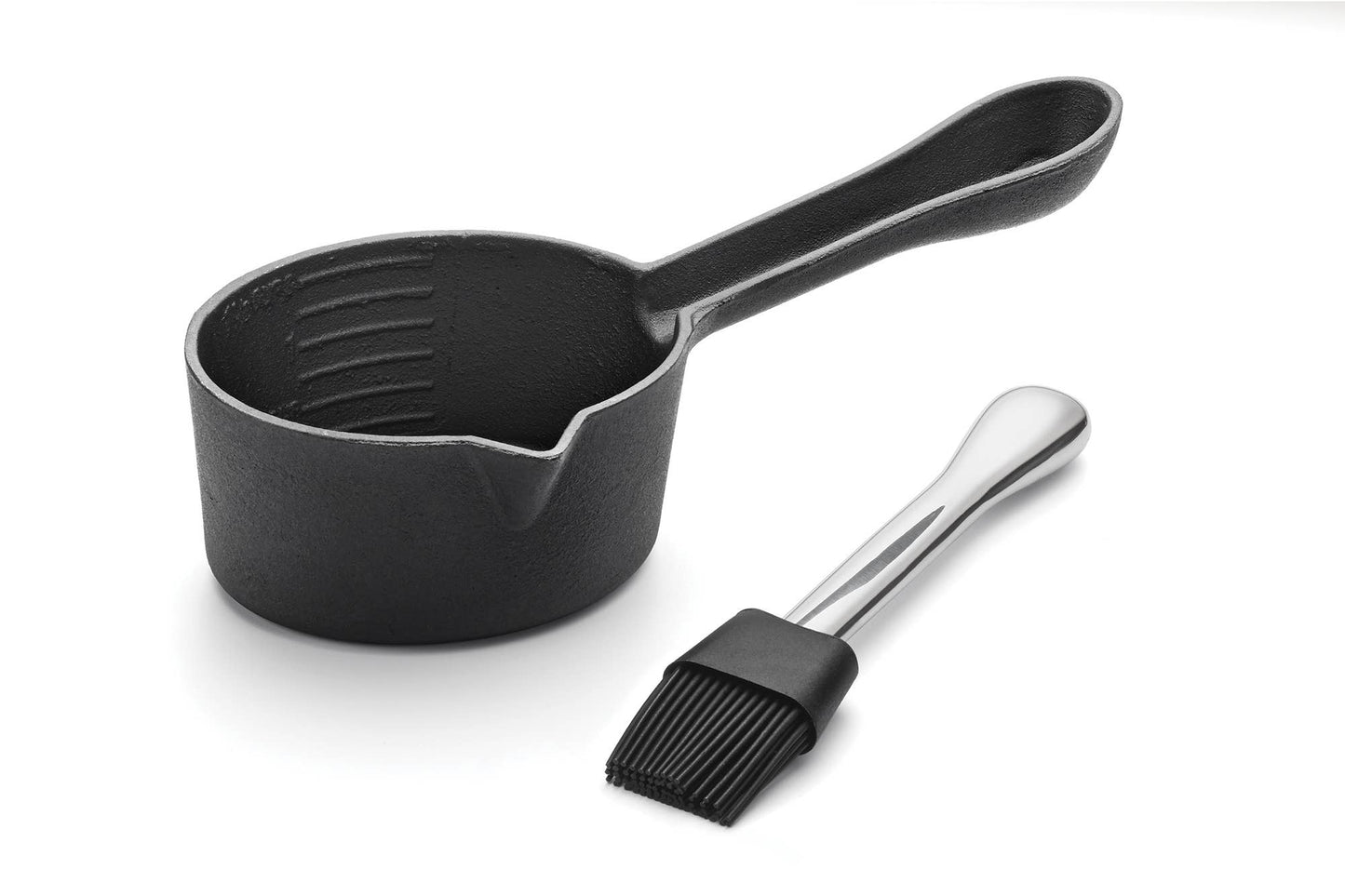 Buy 1 (one) cast iron sauce pot with a silicone basting brush that fits in the lid.