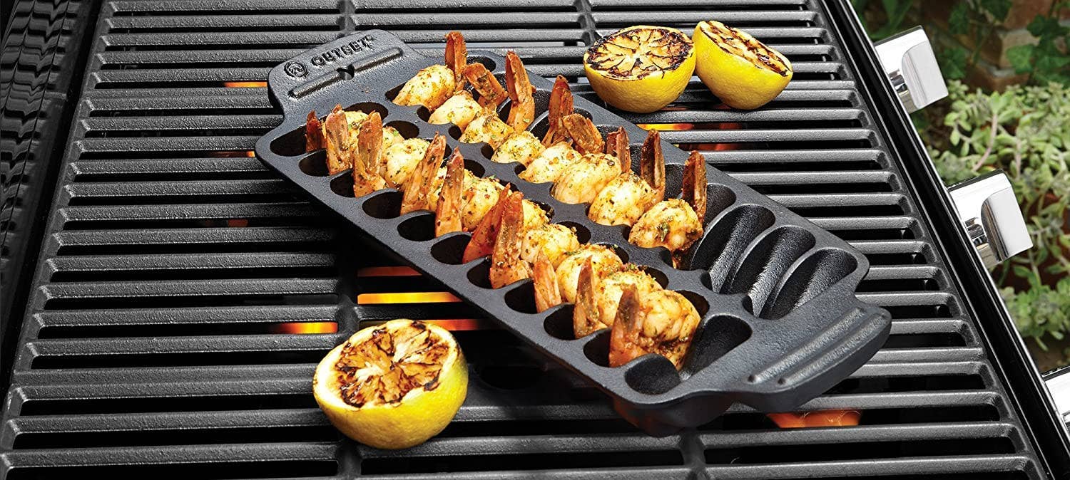 The cast iron shrimp pan lets you grill up to 22 jumbo shrimp.