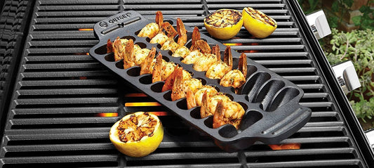 The cast iron shrimp pan lets you grill up to 22 jumbo shrimp.