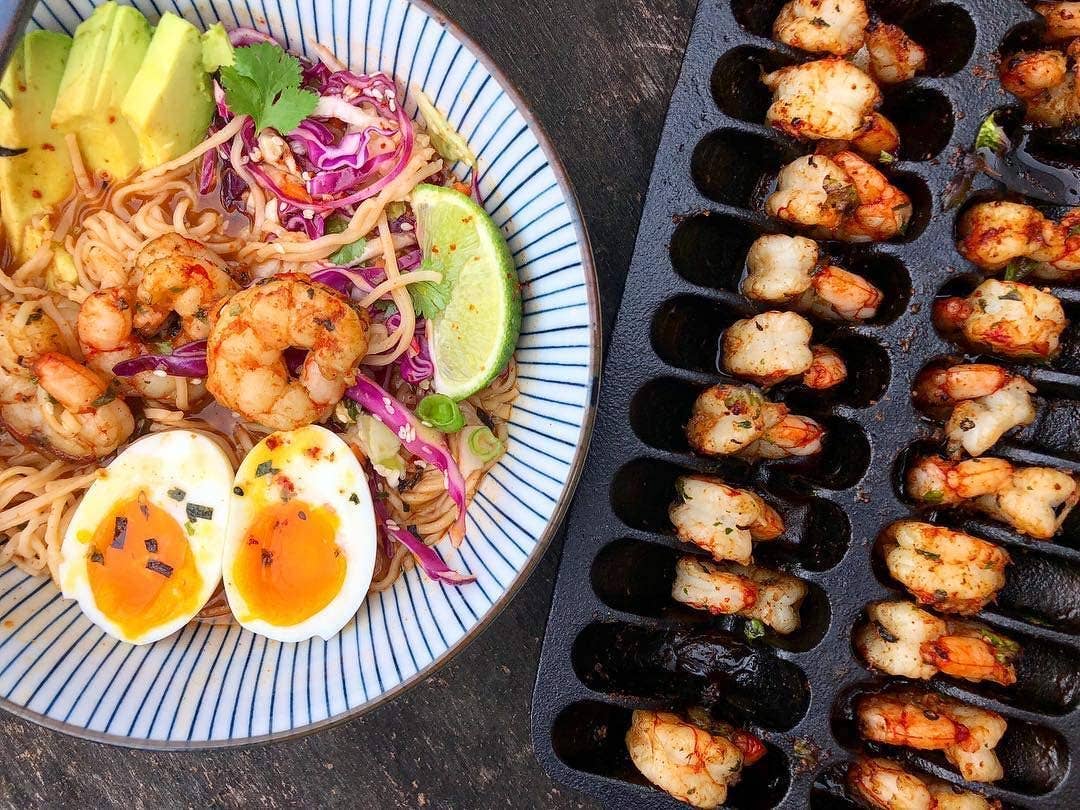 Use this cast iron shrimp pan for both cooking and serving.