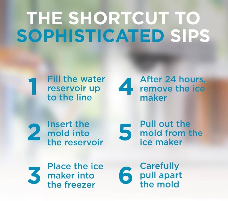 Fill the reservoir to the line, insert the mold, place ice maker into freezer for 24 hours, and then de-mold.