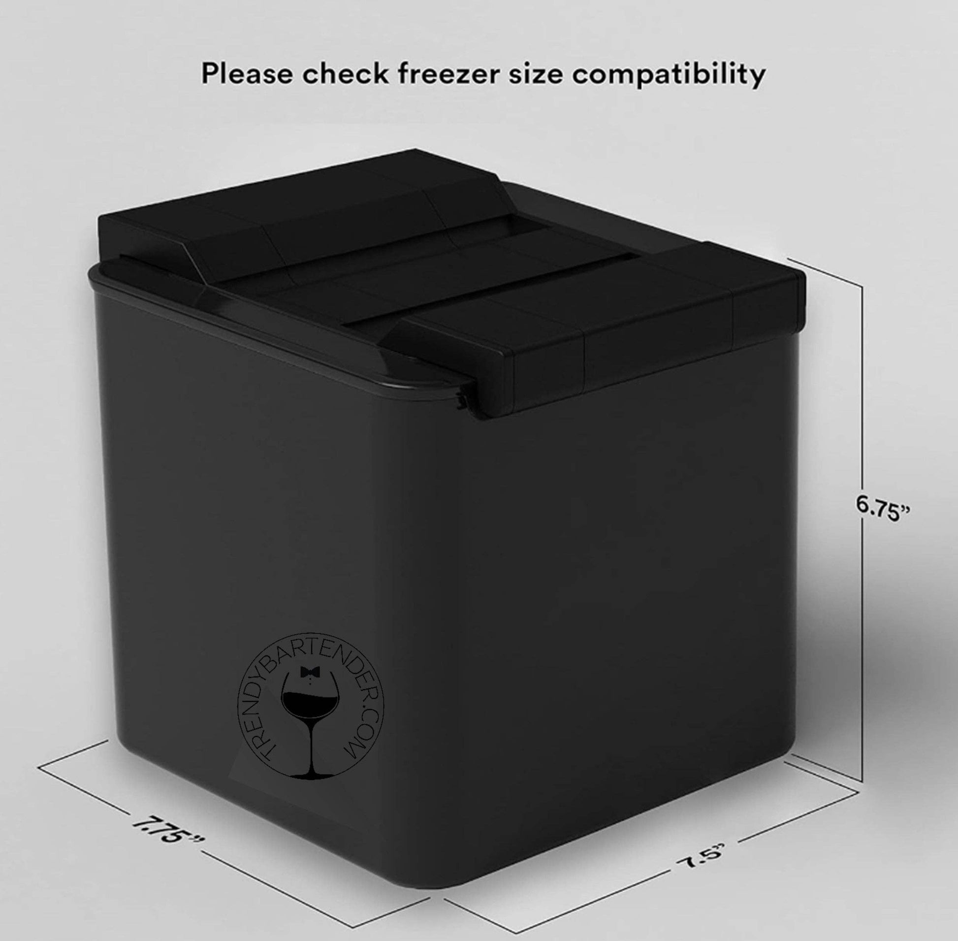 The square ice mold is 7.75 inches long, 7.5 inches wide and 6.75 inches tall.