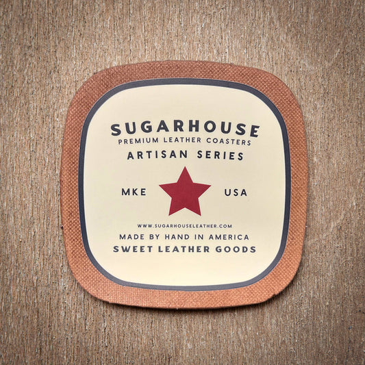This Sugarhouse Leather coaster is made in Milwaukee, WI, USA.