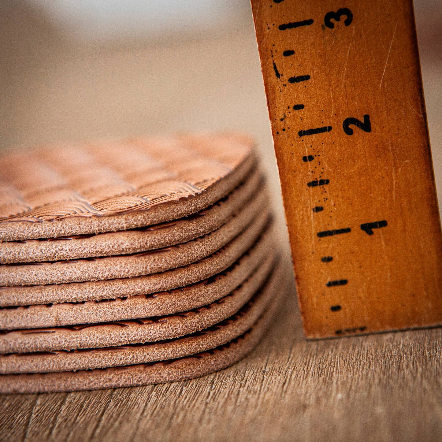 Sugarhouse Leather coasters are cut from premium thick leather.