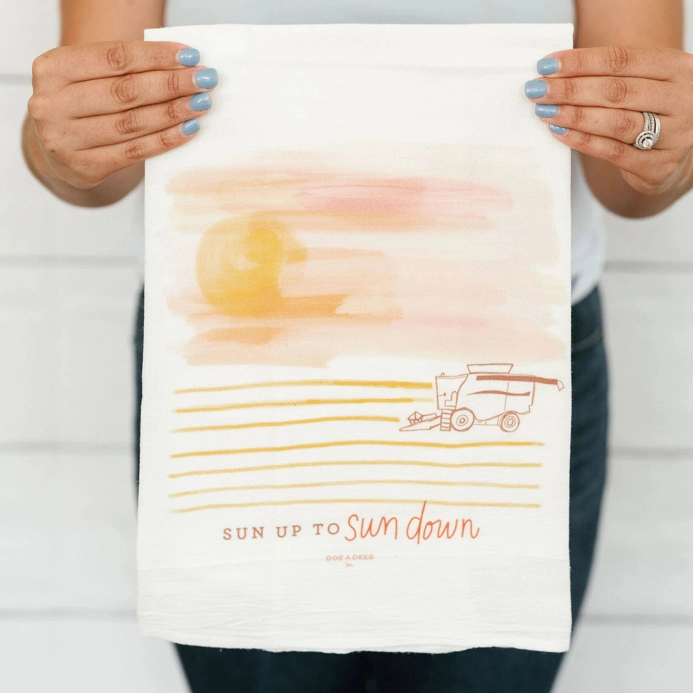 Includes one (1) farm-life kitchen towel gift depicting sun up to sun down planting and harvest.