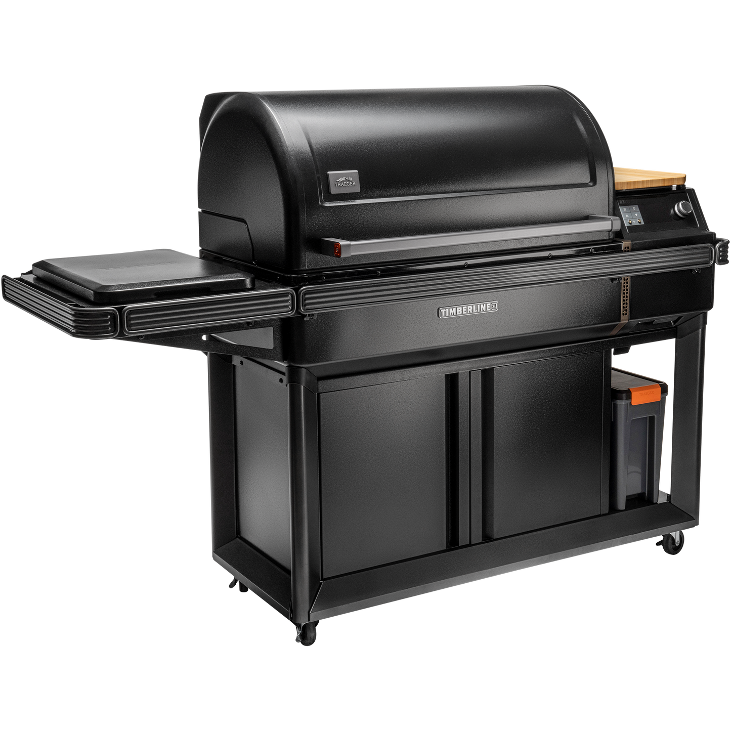 The Traeger Timberline XL hides the grease and ash catcher in a cabinet underneath the grill. There is also room to store a Stay Dry Pellet Bin.