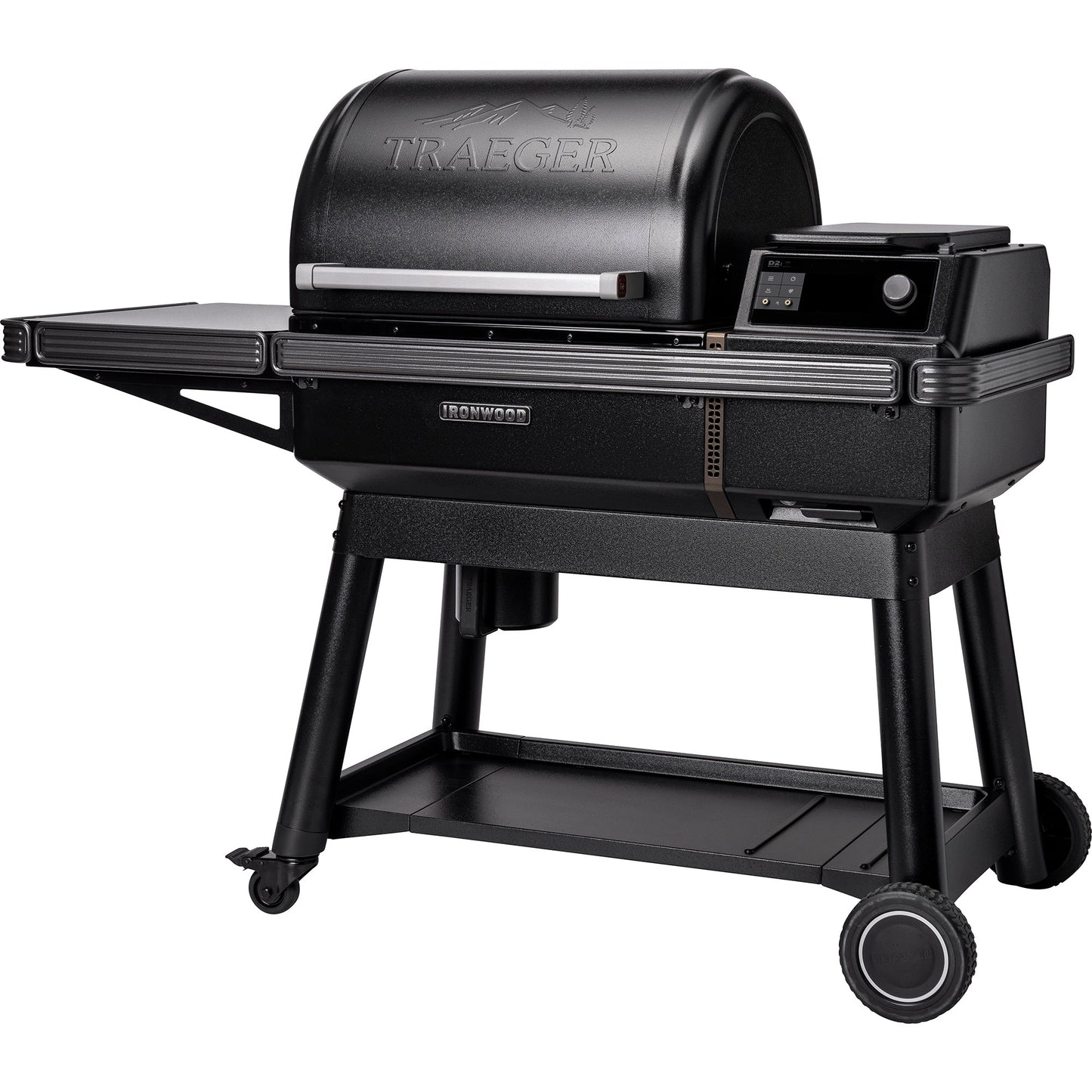 Traeger Ironwood is full of features, packed into a smaller grill than the Ironwood XL. Those features include a pellet monitor, thoughtful storage for stay-dry pellet bins and a customizable accessory rail.