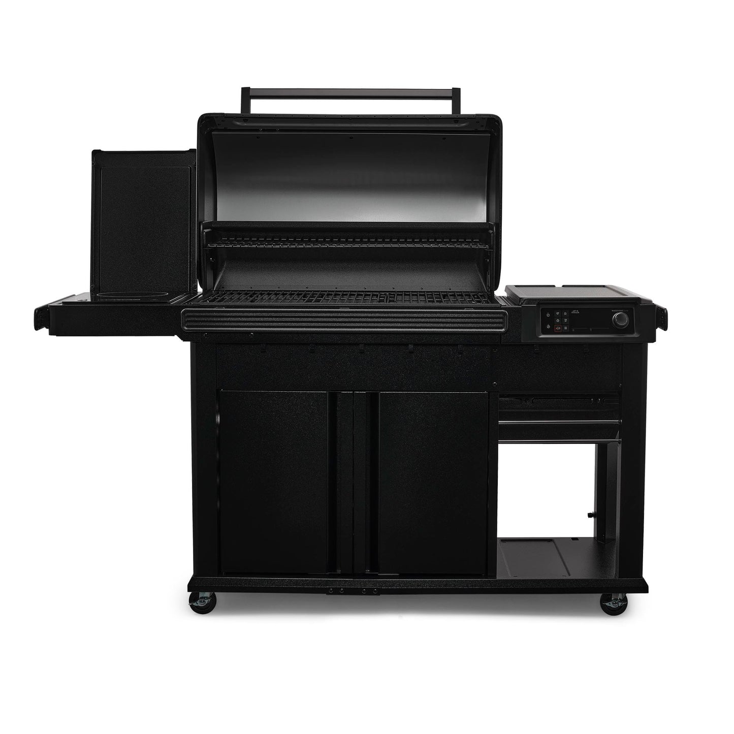 Buy a Traeger Woodridge Elite with a sear station that conveniently covers for more shelf space when not in use.