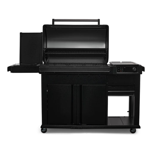 Buy a Traeger Woodridge Elite with a sear station that conveniently covers for more shelf space when not in use.