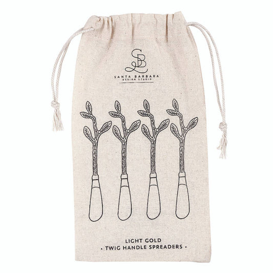 Buy 1 (one) set of light gold twig handle spreaders, which come in a cute pouch bag for gifting.
