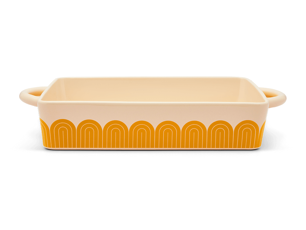A vintage-inspired pattern surrounds this beautiful casserole dish.