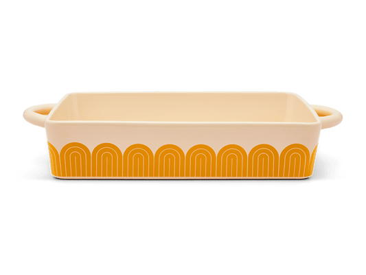 A vintage-inspired pattern surrounds this beautiful casserole dish.