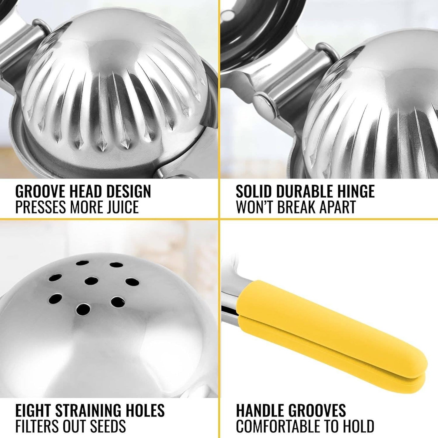 Buy 1 (one) premium citrus juicer with a grooved head for more juice, durable hinge, eight straining holes and comfortable handle grooves.