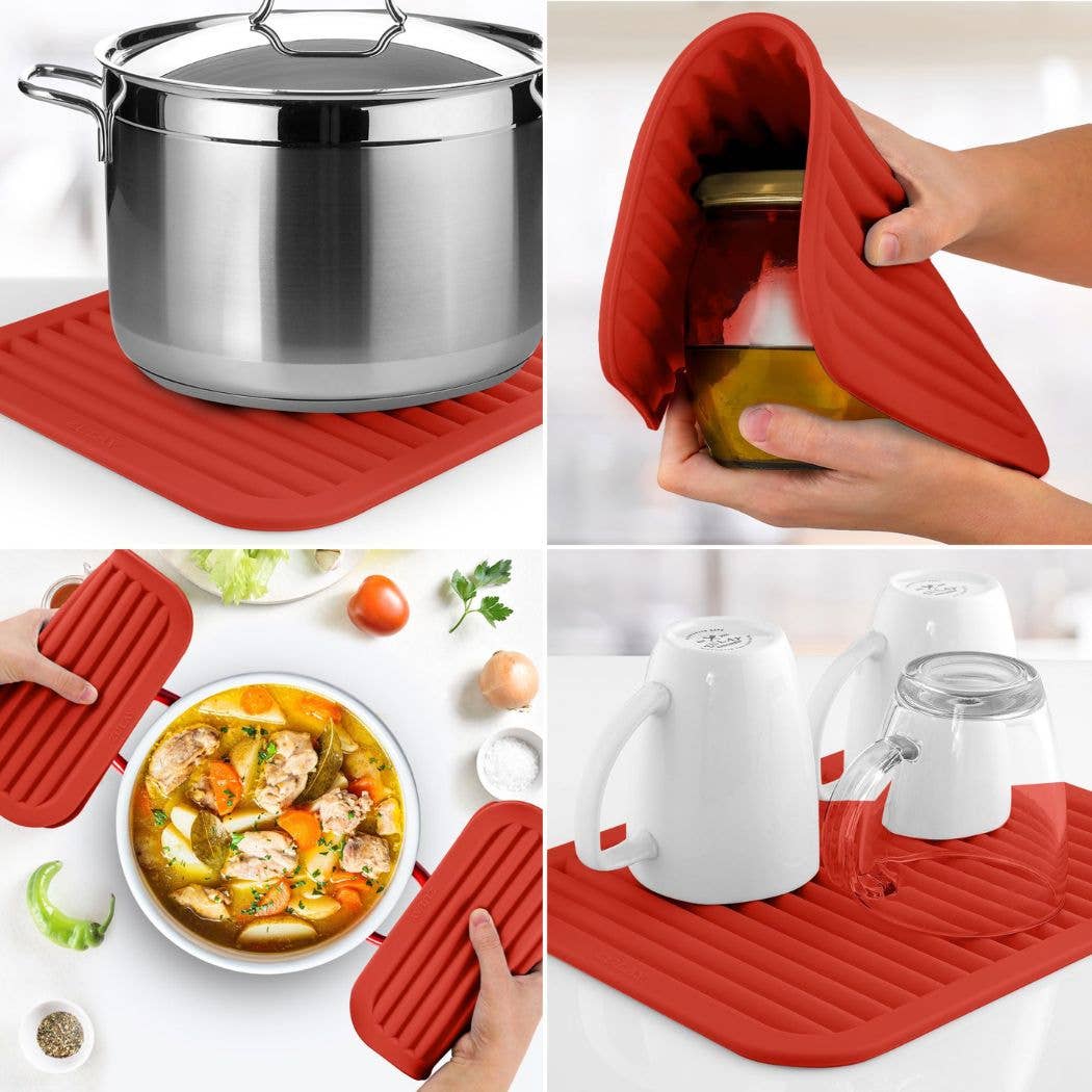 Zulay trivets are versatile and are shown here used to grip hot pan handles, on a table with a hot pan, to open a jar and to dry dishes.