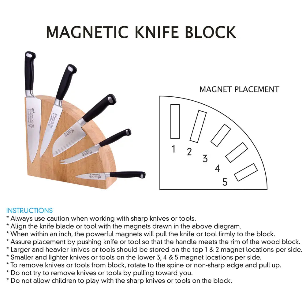 Strong magnets hold up to 10 knives in place, five on each side.