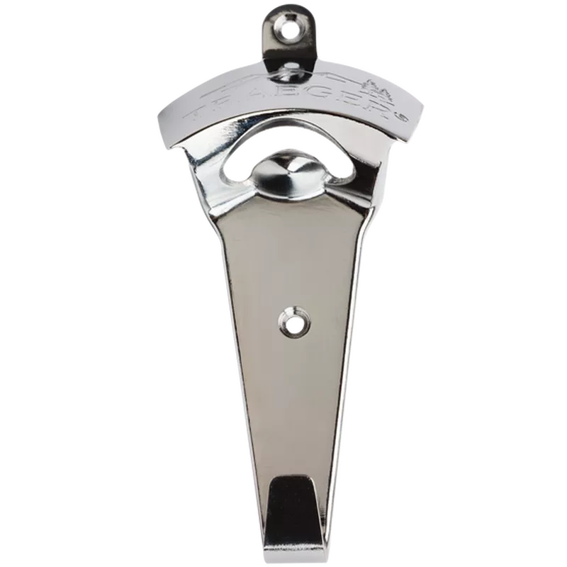 Traeger chrome bottle opener with screw holes for permanent mounting.