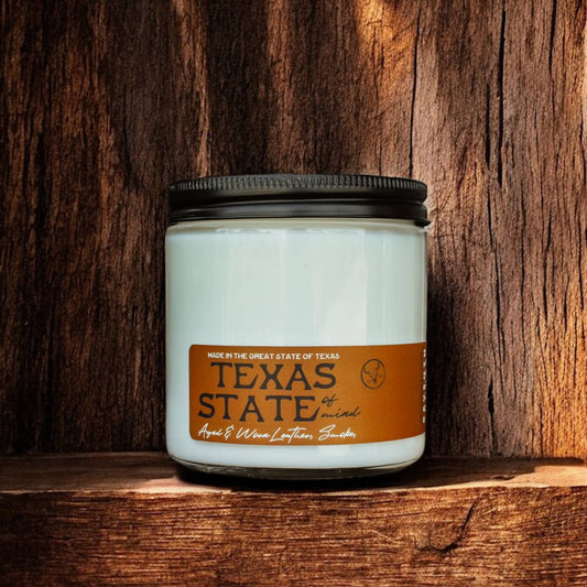 Order one (1) Texas State of Mind candle with aromas of smoke and leather.