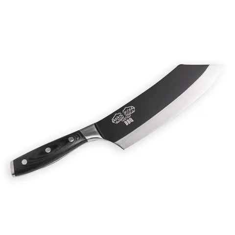 This image shows the curve of the blade for perfect rocking motion as you cut between pork ribs and more!