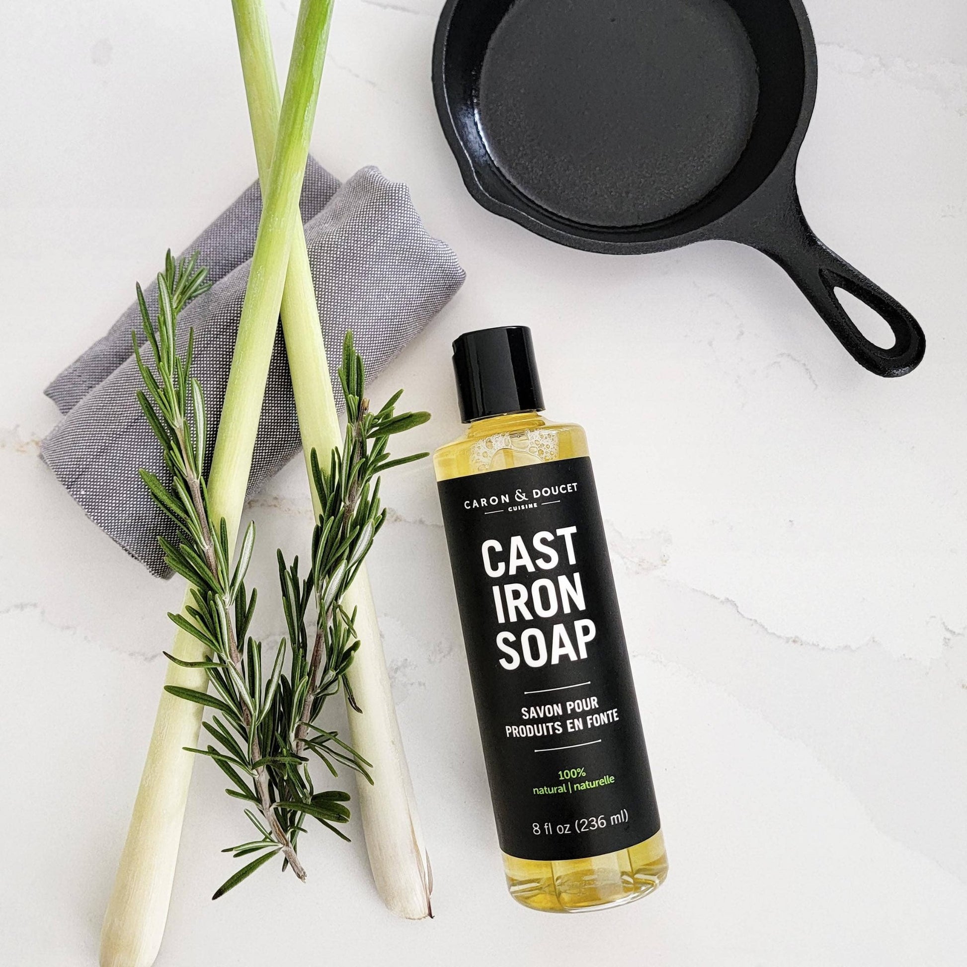 Buy one (1) bottle of cast iron soap to gently care for your cast iron skillets.
