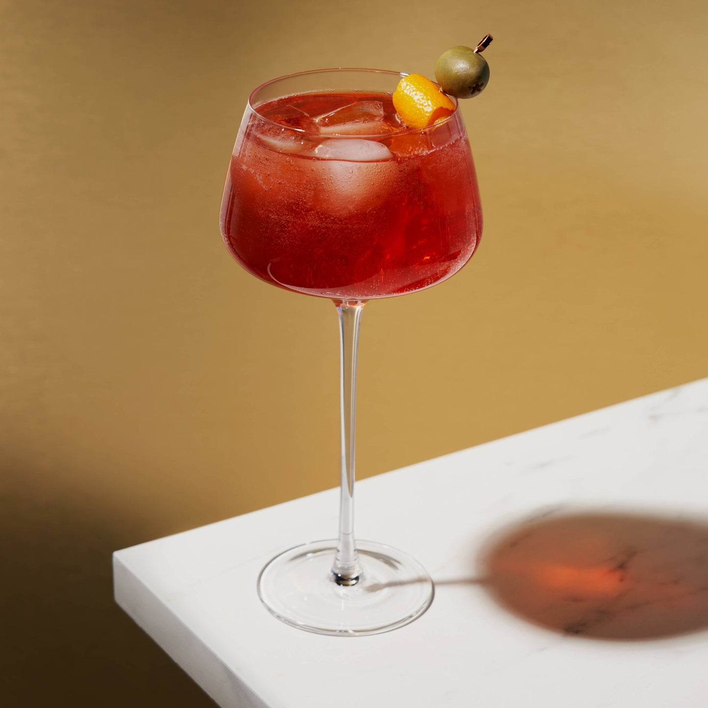 Each cocktail glass in this two-piece set holds 16 oz.