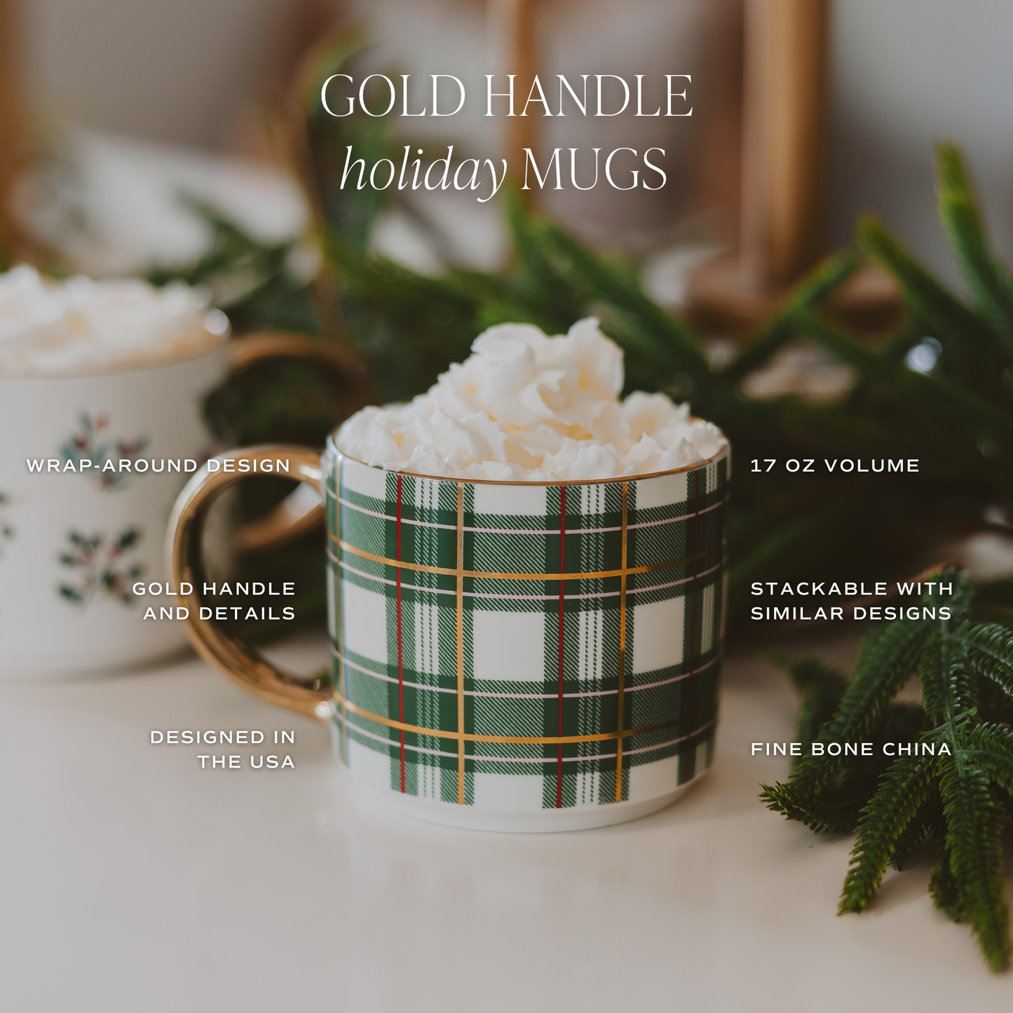 This holiday mug is made of fine bone china and holds 17 oz. of coffee.