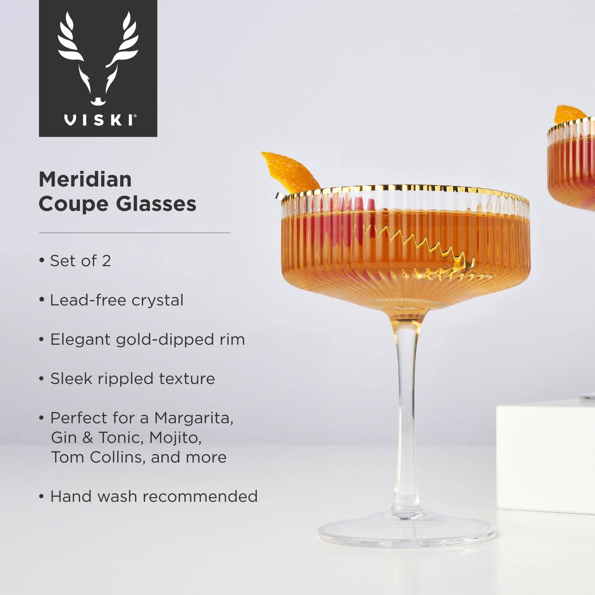 Buy one (1) set of two coup cocktail glasses with a gold rim. 