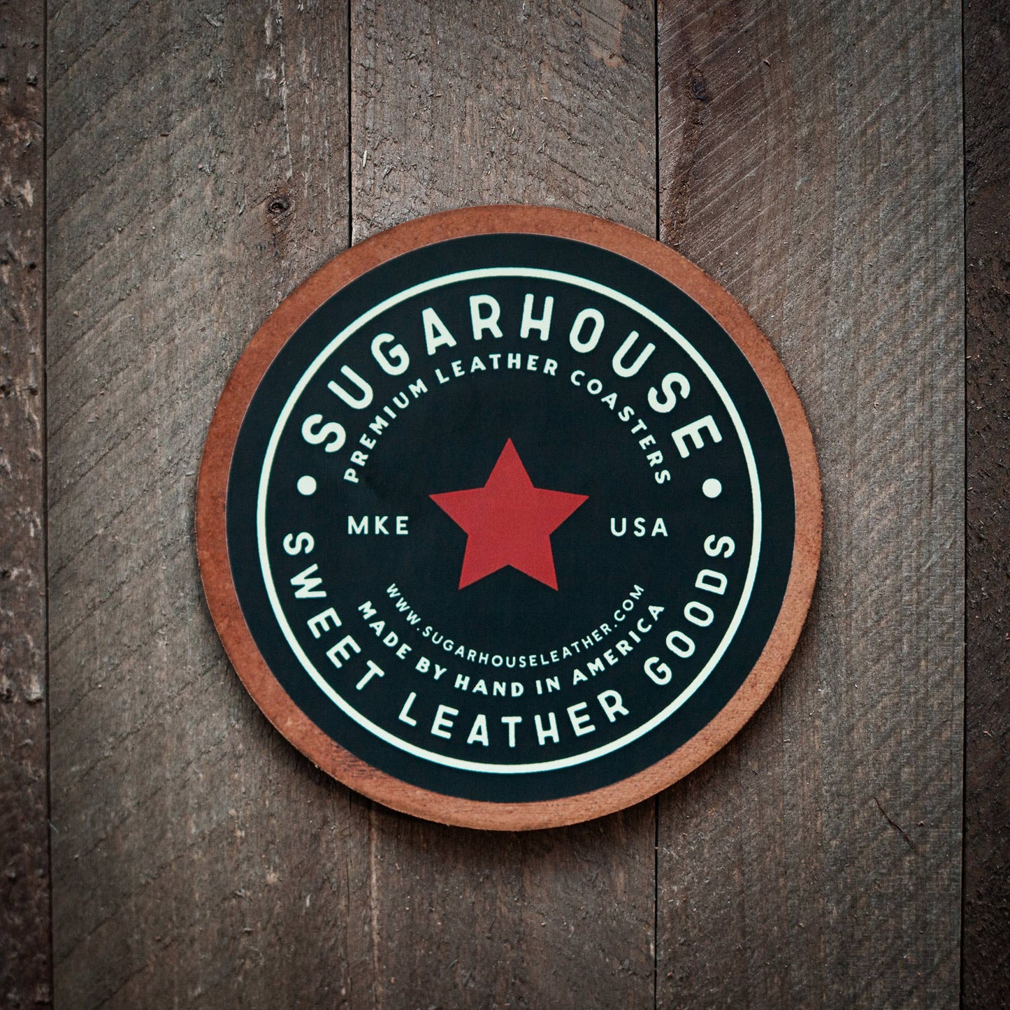 This leather coaster is handmade in Milwaukee, Wisconsin, USA.