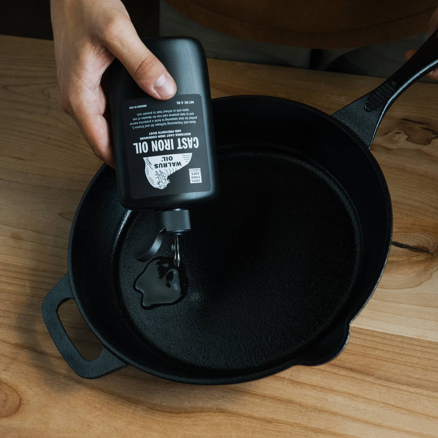 A thin layer of Walrus Oil is enough to maintain your cast iron.